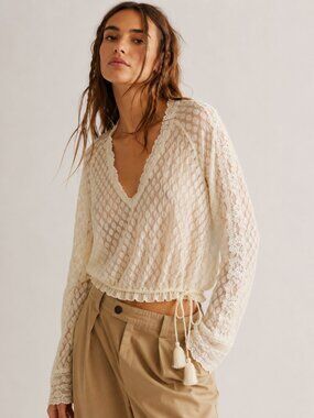Free People Ivory Lace Polka Dot Sheer Long Sleeve Boho Blouse
